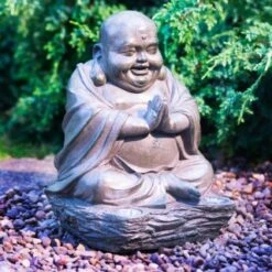 Happy Buddha With Solar Light -B and M Shop 307135 stone buddha garden ornament daylight1