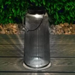 Solar Powered Tinted Glass Lantern -B and M Shop 393033 solar powered ribbed tinted glass lantern